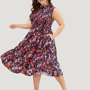Floral Shirred Mock Neck Cut Out Pocket Ruffle Hem Dress